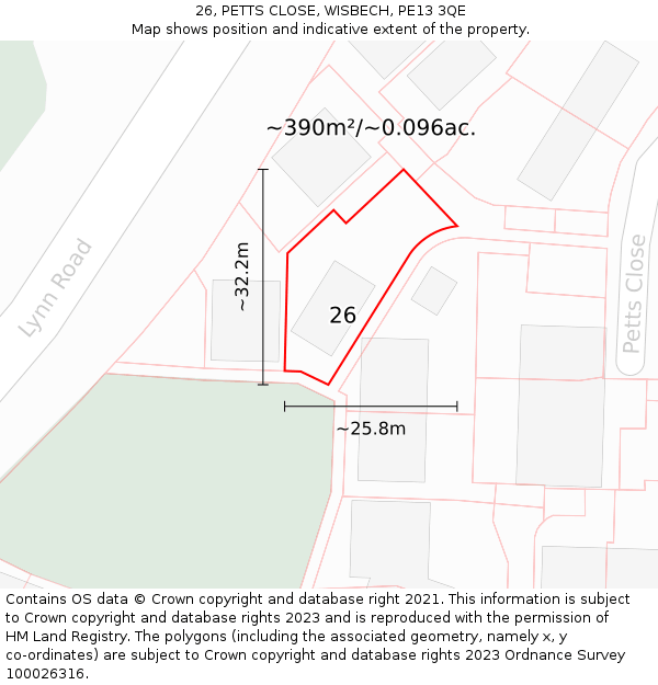 26, PETTS CLOSE, WISBECH, PE13 3QE: Plot and title map