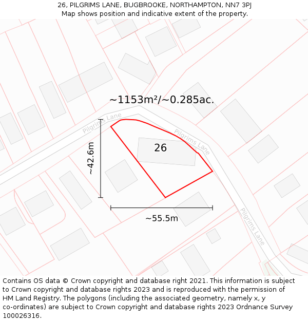 26, PILGRIMS LANE, BUGBROOKE, NORTHAMPTON, NN7 3PJ: Plot and title map