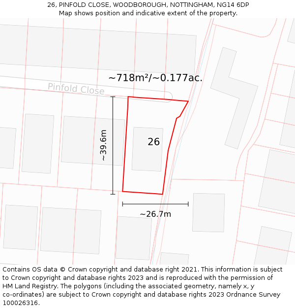26, PINFOLD CLOSE, WOODBOROUGH, NOTTINGHAM, NG14 6DP: Plot and title map