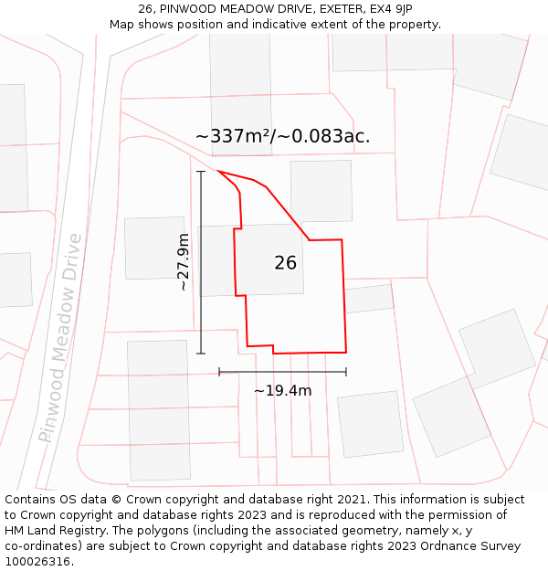 26, PINWOOD MEADOW DRIVE, EXETER, EX4 9JP: Plot and title map