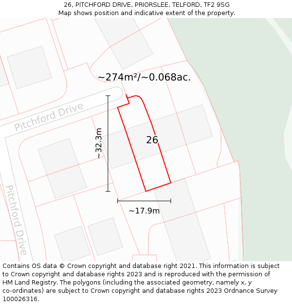 26, PITCHFORD DRIVE, PRIORSLEE, TELFORD, TF2 9SG: Plot and title map