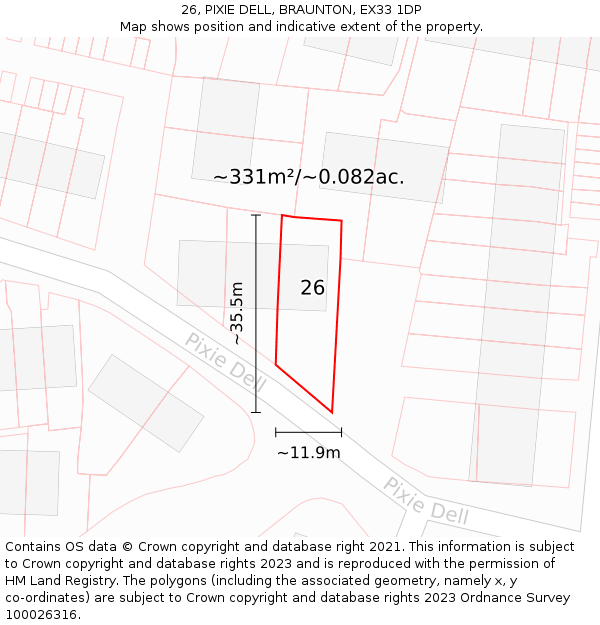 26, PIXIE DELL, BRAUNTON, EX33 1DP: Plot and title map