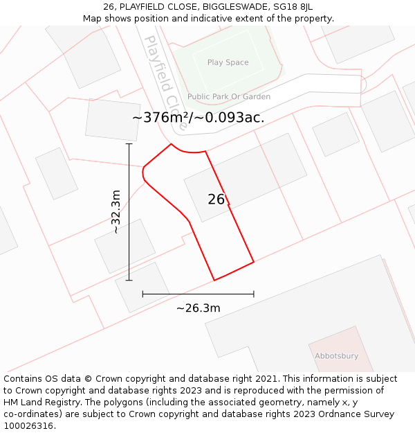 26, PLAYFIELD CLOSE, BIGGLESWADE, SG18 8JL: Plot and title map