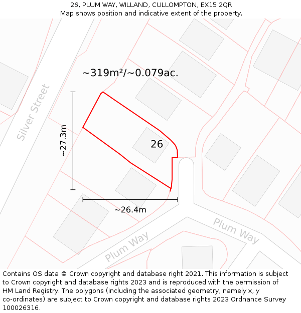 26, PLUM WAY, WILLAND, CULLOMPTON, EX15 2QR: Plot and title map