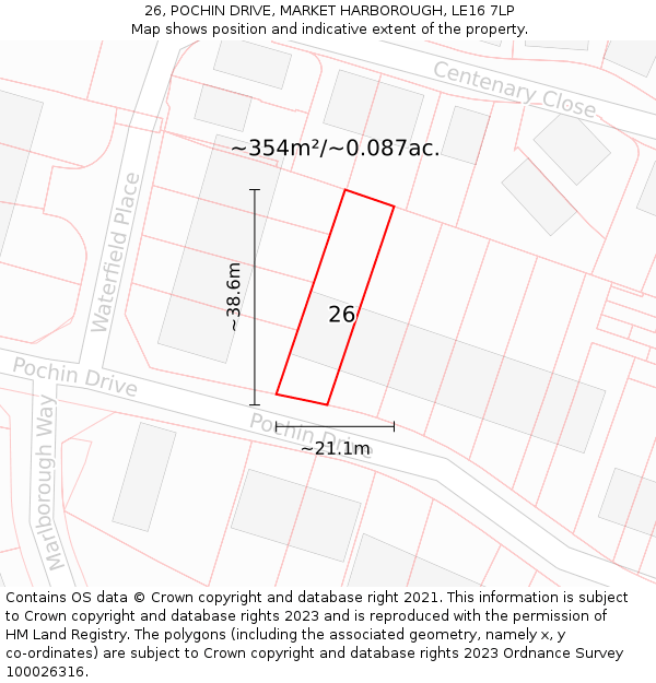 26, POCHIN DRIVE, MARKET HARBOROUGH, LE16 7LP: Plot and title map