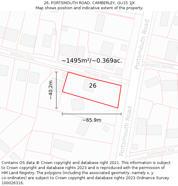 26, PORTSMOUTH ROAD, CAMBERLEY, GU15 1JX: Plot and title map