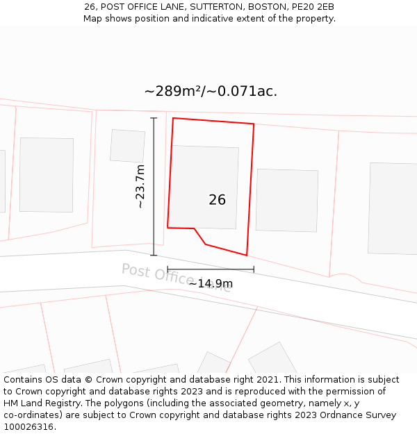 26, POST OFFICE LANE, SUTTERTON, BOSTON, PE20 2EB: Plot and title map