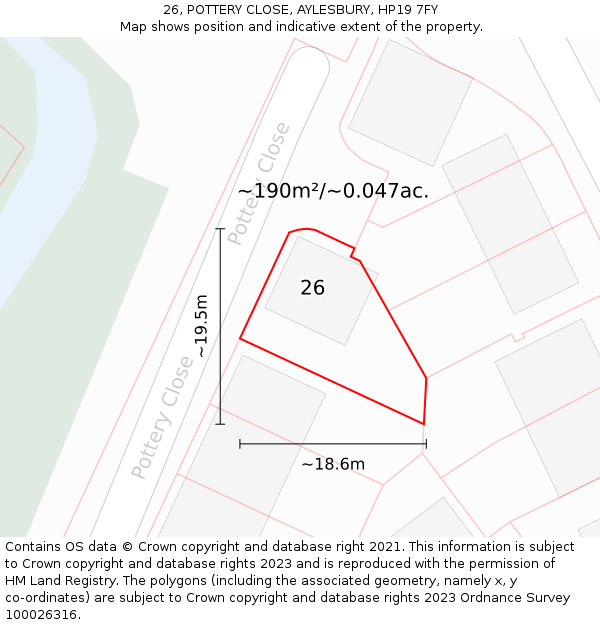 26, POTTERY CLOSE, AYLESBURY, HP19 7FY: Plot and title map