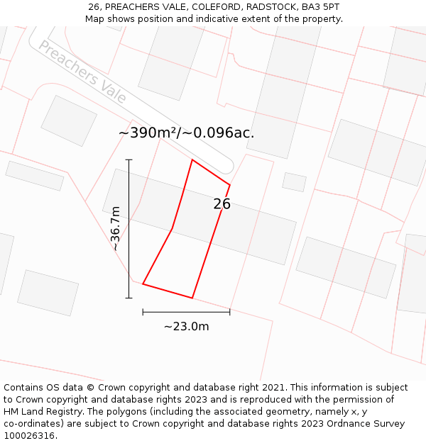 26, PREACHERS VALE, COLEFORD, RADSTOCK, BA3 5PT: Plot and title map