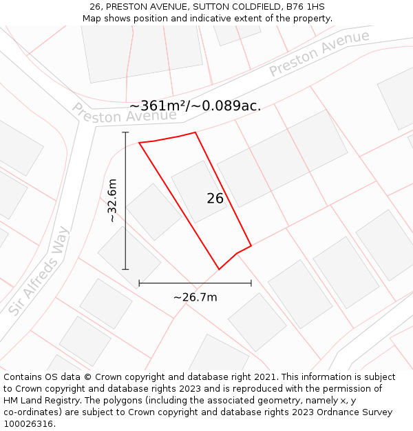 26, PRESTON AVENUE, SUTTON COLDFIELD, B76 1HS: Plot and title map