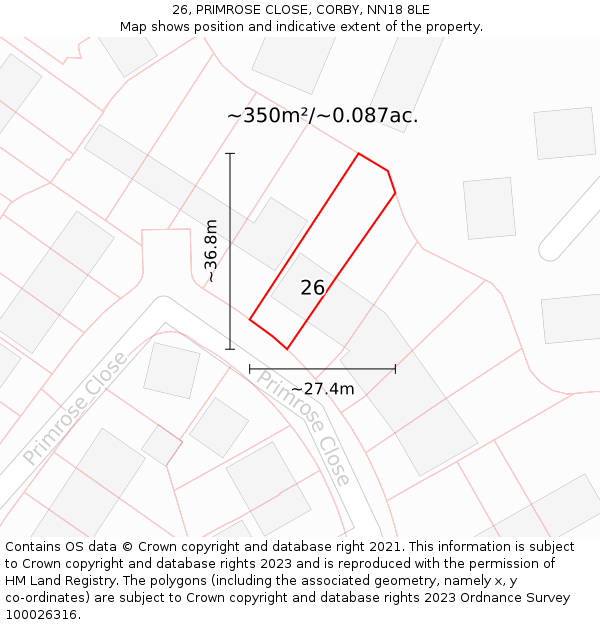 26, PRIMROSE CLOSE, CORBY, NN18 8LE: Plot and title map