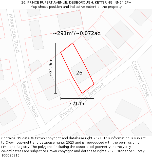 26, PRINCE RUPERT AVENUE, DESBOROUGH, KETTERING, NN14 2PH: Plot and title map