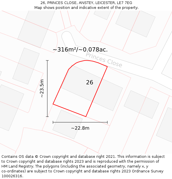 26, PRINCES CLOSE, ANSTEY, LEICESTER, LE7 7EG: Plot and title map