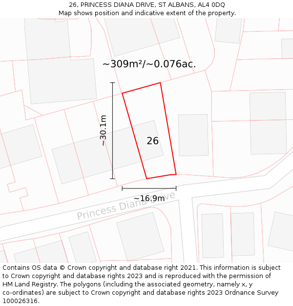 26, PRINCESS DIANA DRIVE, ST ALBANS, AL4 0DQ: Plot and title map