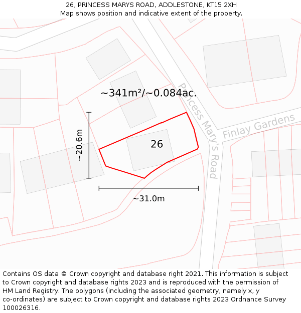 26, PRINCESS MARYS ROAD, ADDLESTONE, KT15 2XH: Plot and title map