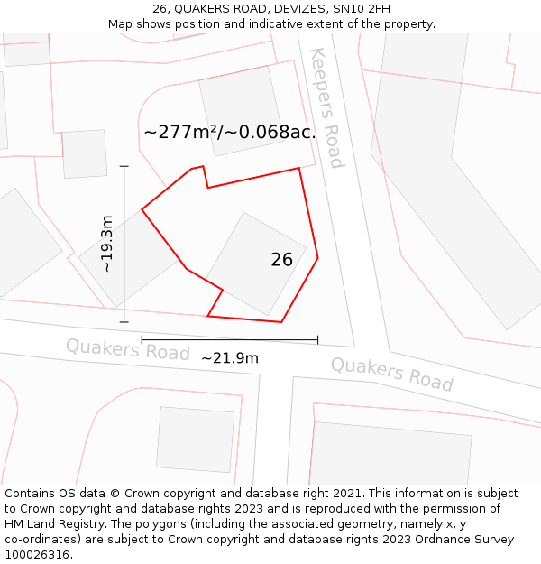 26, QUAKERS ROAD, DEVIZES, SN10 2FH: Plot and title map