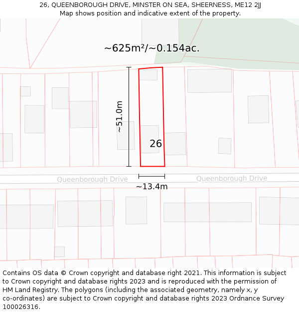 26, QUEENBOROUGH DRIVE, MINSTER ON SEA, SHEERNESS, ME12 2JJ: Plot and title map