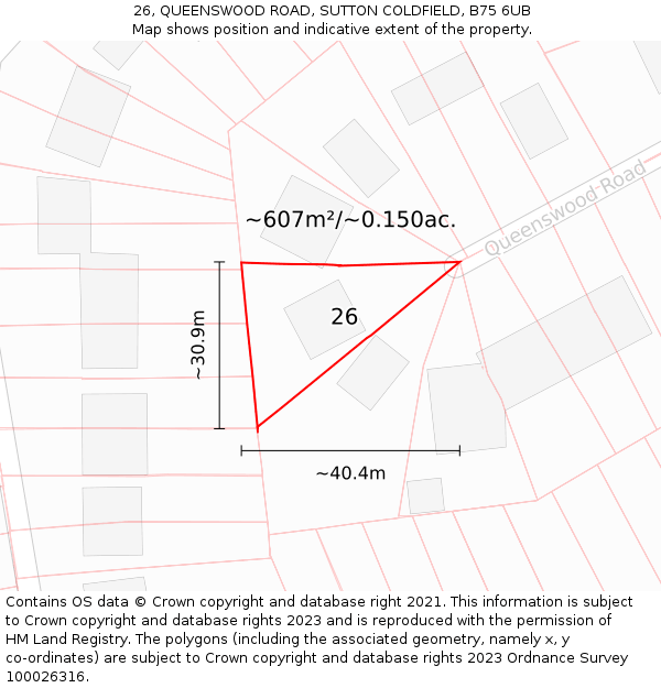 26, QUEENSWOOD ROAD, SUTTON COLDFIELD, B75 6UB: Plot and title map
