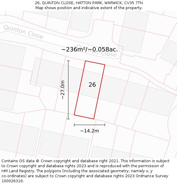 26, QUINTON CLOSE, HATTON PARK, WARWICK, CV35 7TN: Plot and title map
