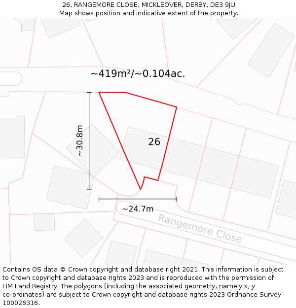 26, RANGEMORE CLOSE, MICKLEOVER, DERBY, DE3 9JU: Plot and title map