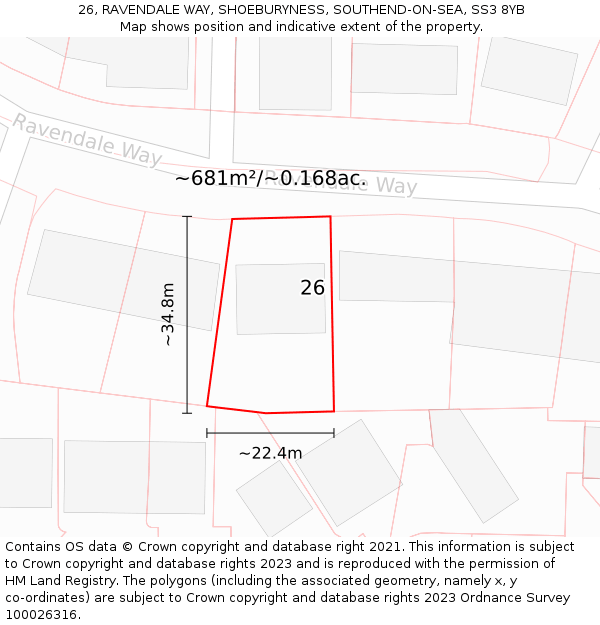 26, RAVENDALE WAY, SHOEBURYNESS, SOUTHEND-ON-SEA, SS3 8YB: Plot and title map