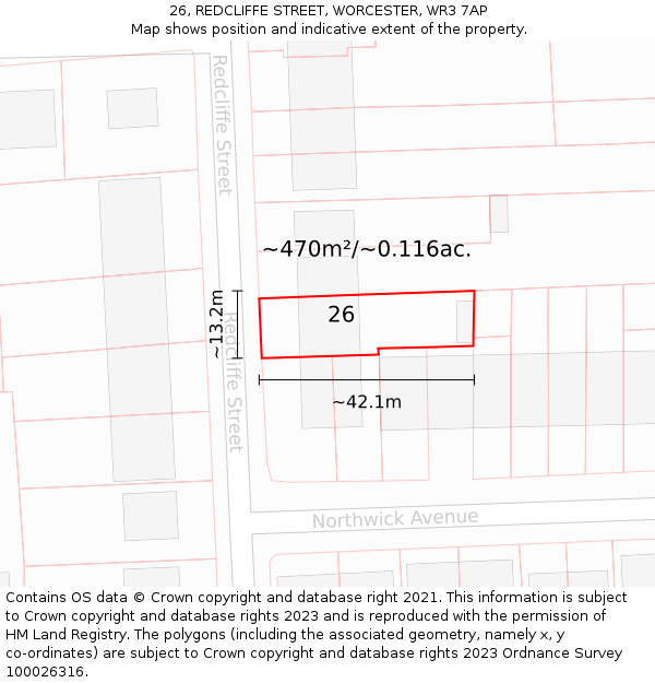 26, REDCLIFFE STREET, WORCESTER, WR3 7AP: Plot and title map