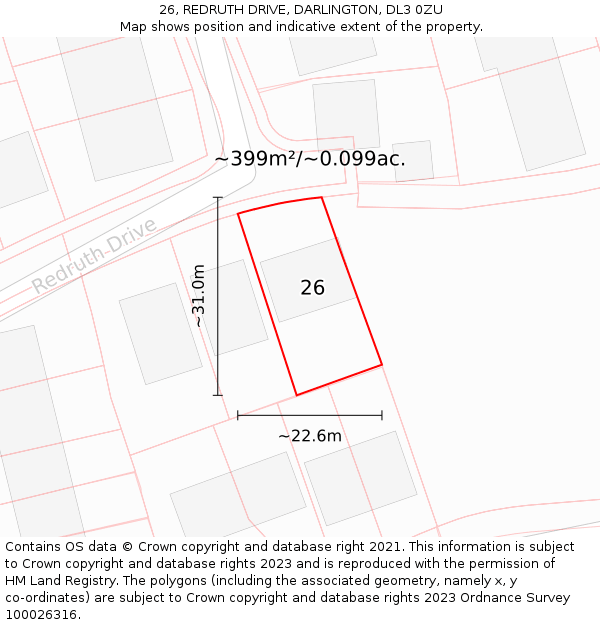 26, REDRUTH DRIVE, DARLINGTON, DL3 0ZU: Plot and title map