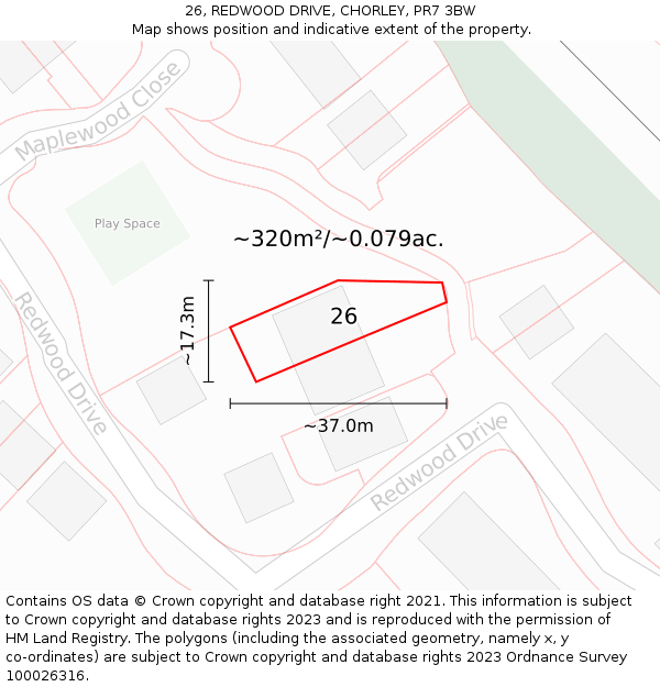 26, REDWOOD DRIVE, CHORLEY, PR7 3BW: Plot and title map