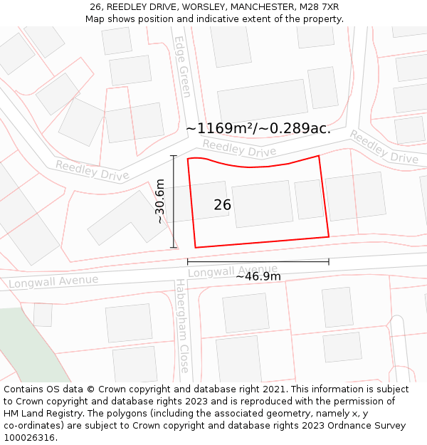 26, REEDLEY DRIVE, WORSLEY, MANCHESTER, M28 7XR: Plot and title map