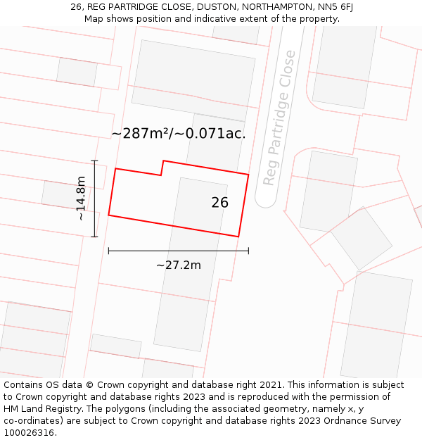 26, REG PARTRIDGE CLOSE, DUSTON, NORTHAMPTON, NN5 6FJ: Plot and title map
