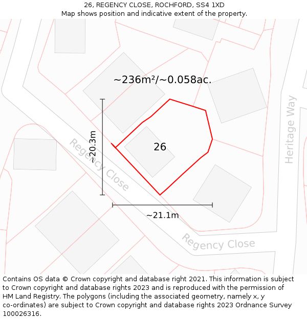 26, REGENCY CLOSE, ROCHFORD, SS4 1XD: Plot and title map