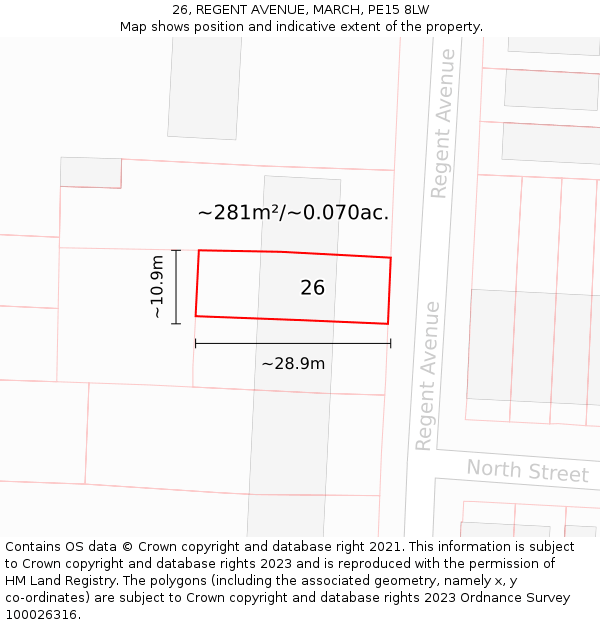 26, REGENT AVENUE, MARCH, PE15 8LW: Plot and title map