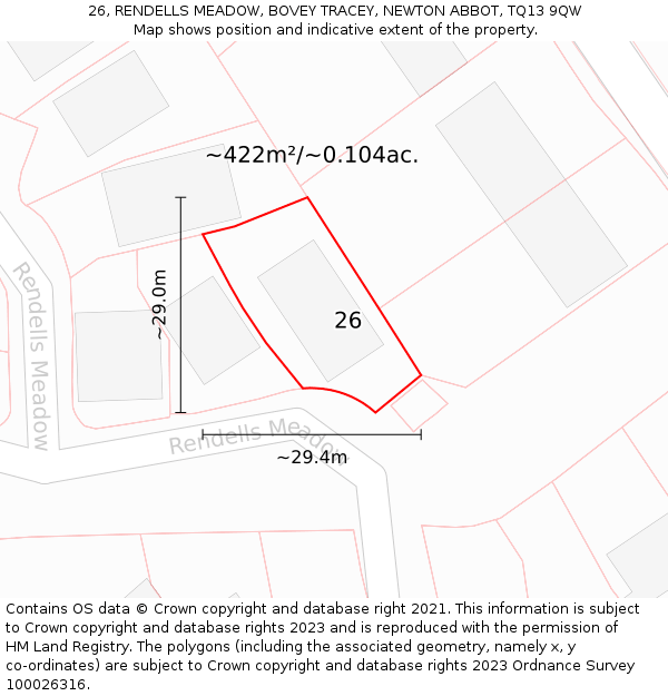 26, RENDELLS MEADOW, BOVEY TRACEY, NEWTON ABBOT, TQ13 9QW: Plot and title map