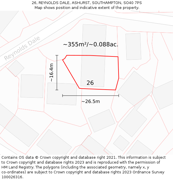 26, REYNOLDS DALE, ASHURST, SOUTHAMPTON, SO40 7PS: Plot and title map