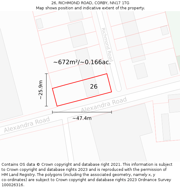 26, RICHMOND ROAD, CORBY, NN17 1TG: Plot and title map