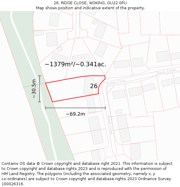26, RIDGE CLOSE, WOKING, GU22 0PU: Plot and title map