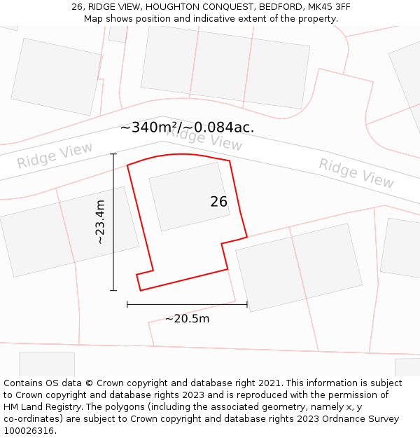 26, RIDGE VIEW, HOUGHTON CONQUEST, BEDFORD, MK45 3FF: Plot and title map