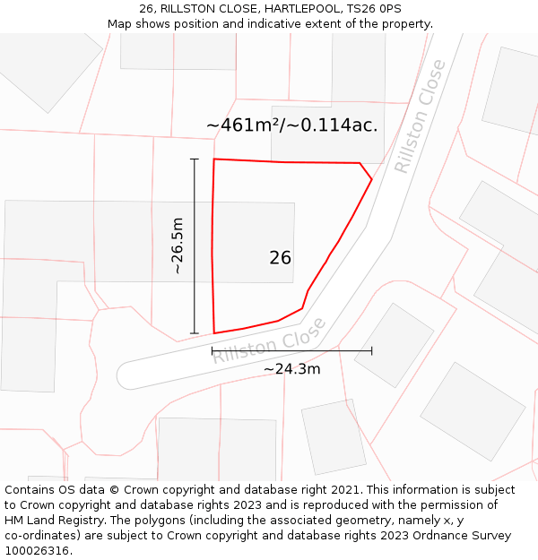 26, RILLSTON CLOSE, HARTLEPOOL, TS26 0PS: Plot and title map