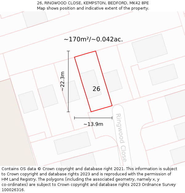 26, RINGWOOD CLOSE, KEMPSTON, BEDFORD, MK42 8PE: Plot and title map