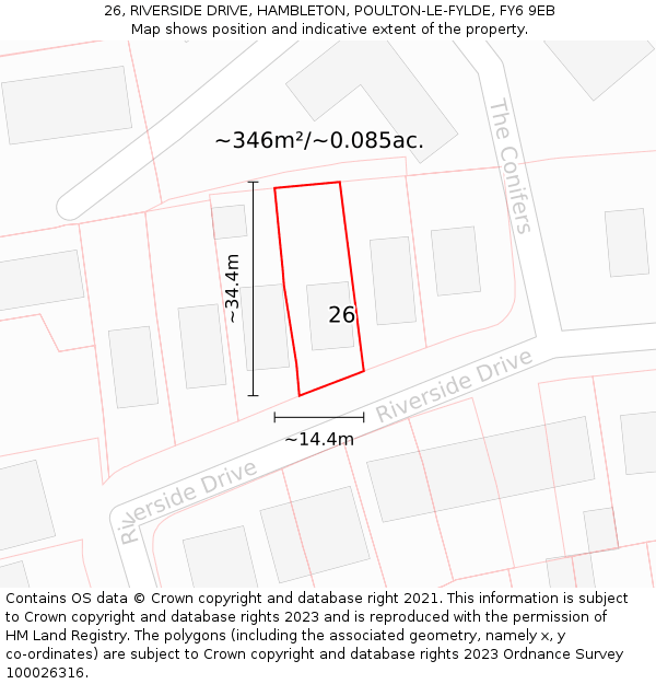 26, RIVERSIDE DRIVE, HAMBLETON, POULTON-LE-FYLDE, FY6 9EB: Plot and title map