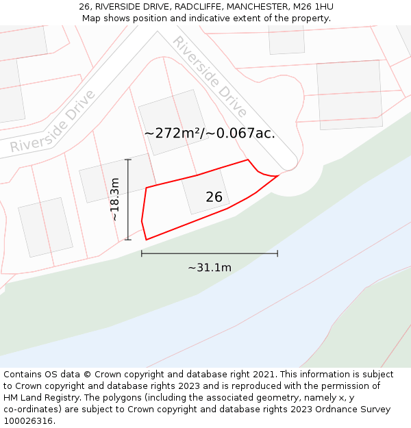 26, RIVERSIDE DRIVE, RADCLIFFE, MANCHESTER, M26 1HU: Plot and title map
