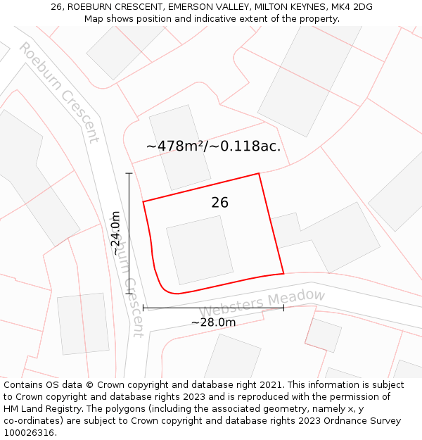 26, ROEBURN CRESCENT, EMERSON VALLEY, MILTON KEYNES, MK4 2DG: Plot and title map