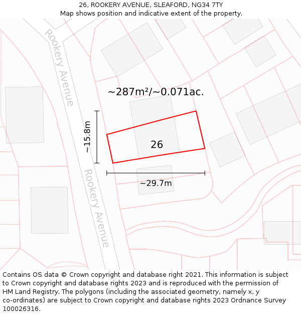 26, ROOKERY AVENUE, SLEAFORD, NG34 7TY: Plot and title map
