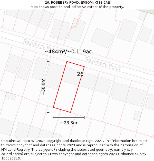 26, ROSEBERY ROAD, EPSOM, KT18 6AE: Plot and title map