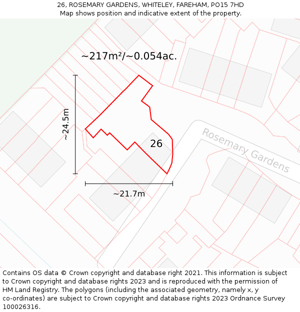 26, ROSEMARY GARDENS, WHITELEY, FAREHAM, PO15 7HD: Plot and title map
