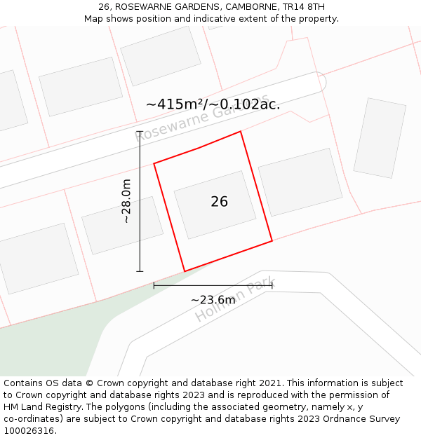 26, ROSEWARNE GARDENS, CAMBORNE, TR14 8TH: Plot and title map