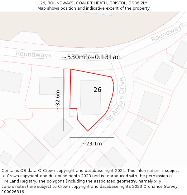 26, ROUNDWAYS, COALPIT HEATH, BRISTOL, BS36 2LY: Plot and title map