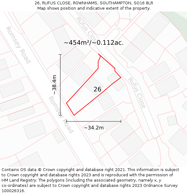 26, RUFUS CLOSE, ROWNHAMS, SOUTHAMPTON, SO16 8LR: Plot and title map