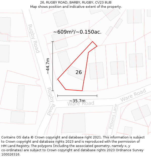 26, RUGBY ROAD, BARBY, RUGBY, CV23 8UB: Plot and title map