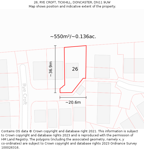26, RYE CROFT, TICKHILL, DONCASTER, DN11 9UW: Plot and title map